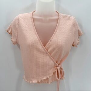 Altar'd State Top Womens M Pink Knit Crop Wrap Tee Side Tie Lettuce Edge NWOT